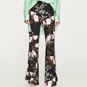 Zara Crane Print Flare Wide Leg Trousers